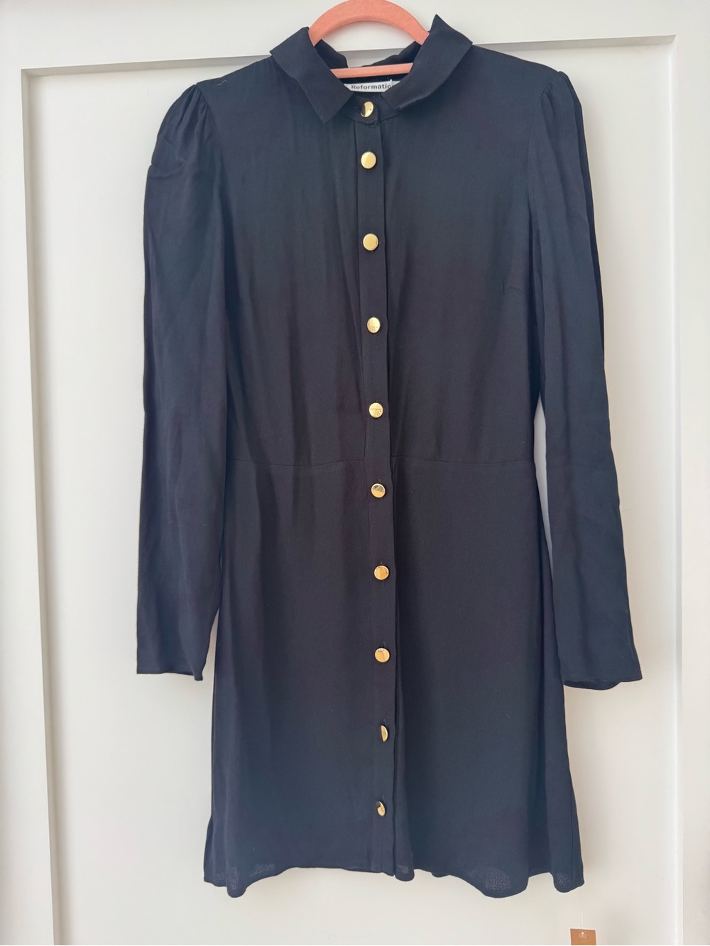 Reformation Black Long-Sleeve Button-Front Dress with Gold Buttons